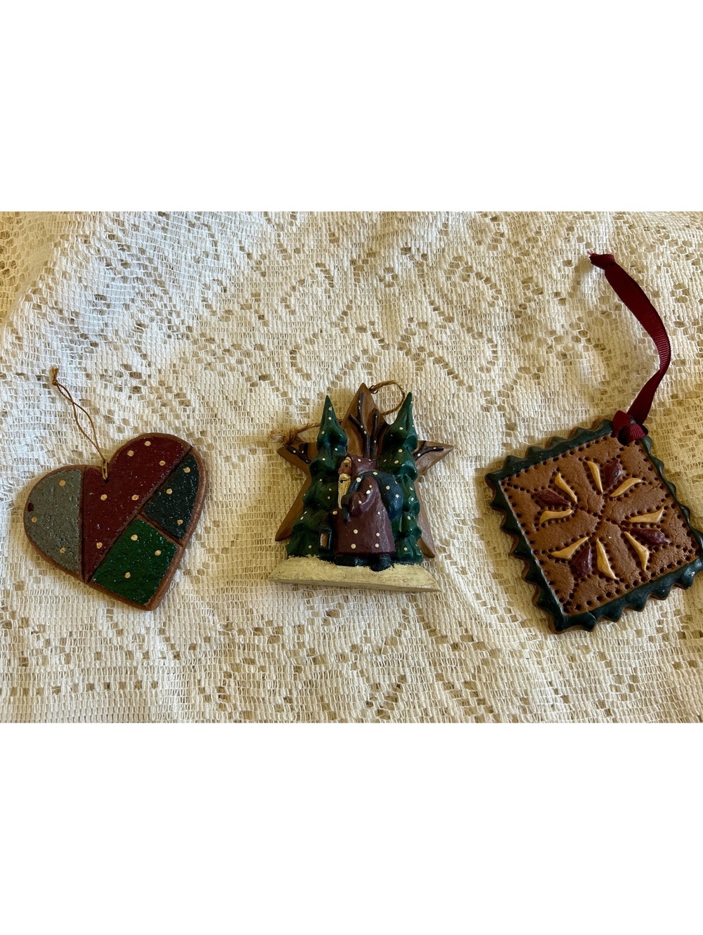 Hand-Carved Wooden Christmas Ornaments Set of 3